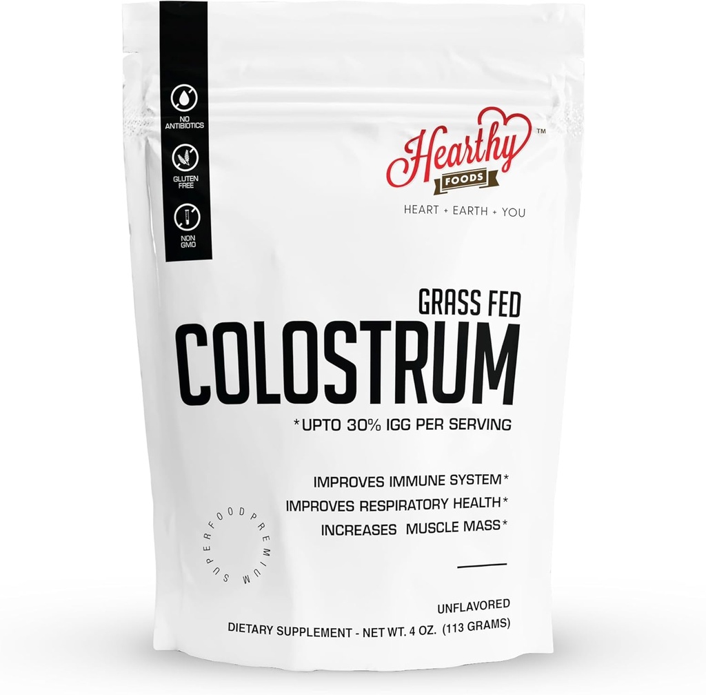HEARTHY FOODS の純粋な牛の Colostrum の粉 4oz 113g - 30% IGG までの 22 のサービング(5g/seving)、Leaky Gut の修理補足、腸の健康および免疫サポート 草供給のハラールの非 GMO、グルテンフリー