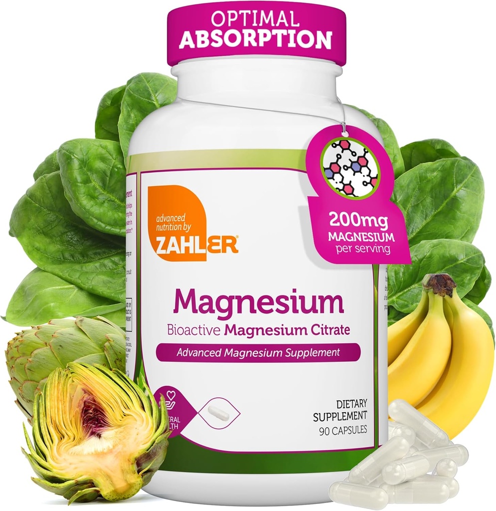 Zahler - Magnesium Supplement Capsules 200 mg (90 Count) Certified Kosher Bioactive Magnesium Citrate for Max Absorption - Natural Magnesium Mineral for Men & Women - Best Magnesium Supplements