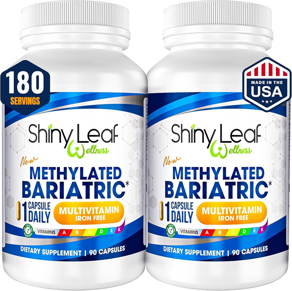 Shiny Leaf Methylated Bariatric Multivitamin Without Iron – Vitamins for Gastric Bypass & Sleeve, 1 Daily Capsule W Methylated Folate, B12, A, C, D, K & More. Vegetarian, Soy-Free, USA Made (180 Ct.)