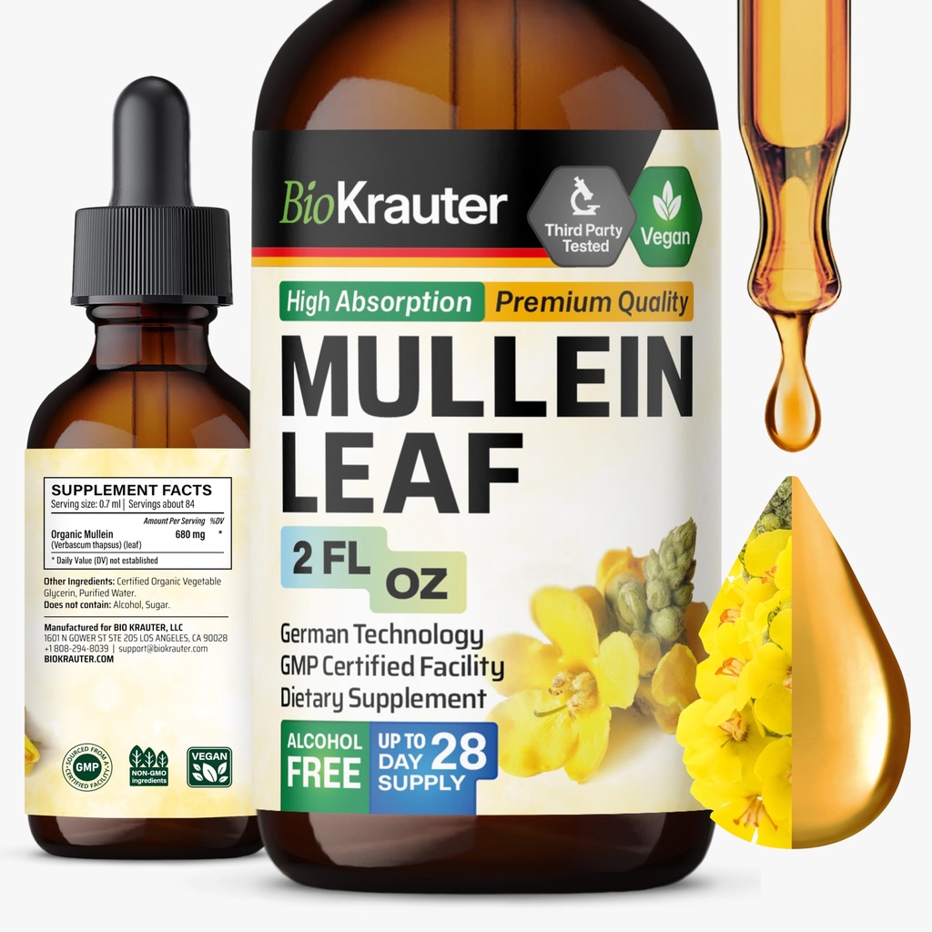 Lungs 2 FlのBIO KRAUTER Mulleinリーフエキス。 Oz - 28日の供給 - Lungクレンジング&デトックスのための純粋なムレインドロップ - ビーガン呼吸器用サプリメント - 非GMO、砂糖&アルコール