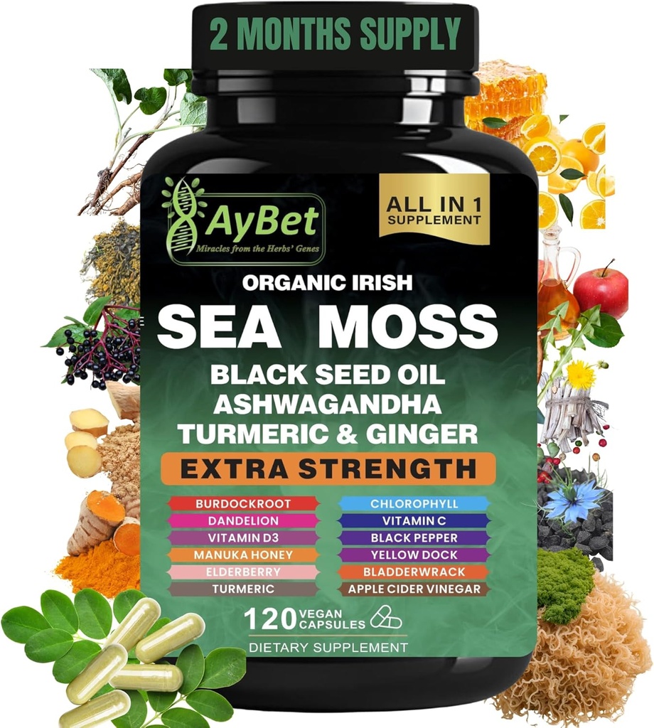 Organic Irish Sea Moss, Black Seed Oil, Ashwagandha, Turmeric,Ginger Capsule, Bladderwrack, Burdock, VIT C&VIT D3, Elderberry, Manuka Honey, Dandelion, Yellow Dock, Apple Cider Vinegar, Halal, Vegan