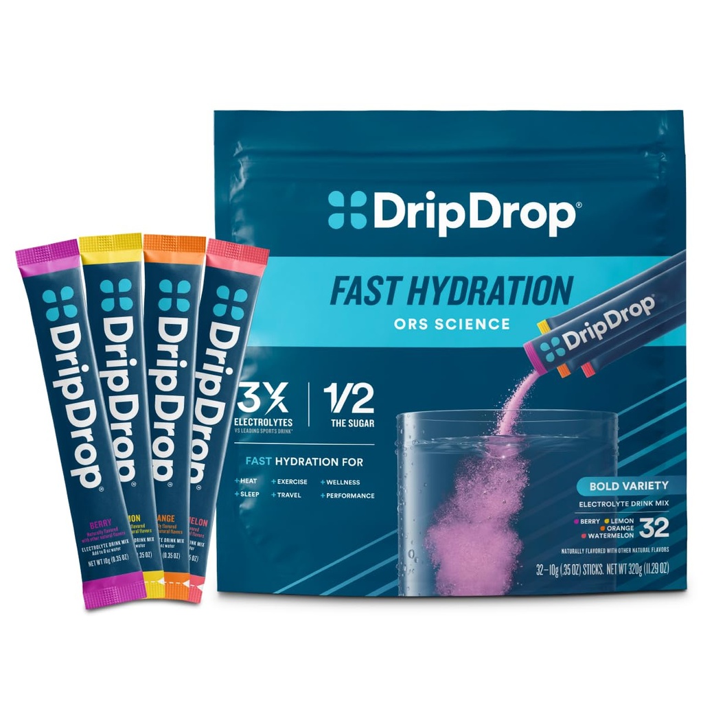 DripDrop 水分補給パケット - ボルドバラエティパック - シングルセルブ電解液パウダードリンクミックス - ウォーターメロン、ベリー、レモン、オレンジ - 非GMO、グルテンフリー、ビーガン - 32スティック