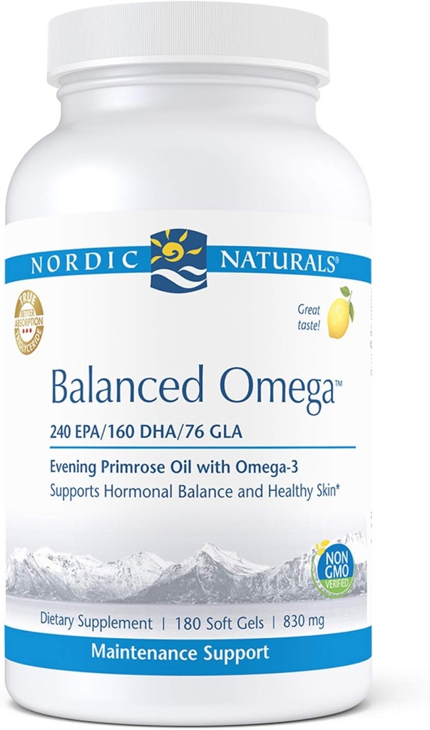ノルディックナチュラルズプロバランスオメガ - フィッシュオイルとイブニングプリムローズオイル、240 mg EPA、160 mg DHA、76 mg GLA、ホルモンバランスとヘルシースキンをサポート*、180ソフトジェル