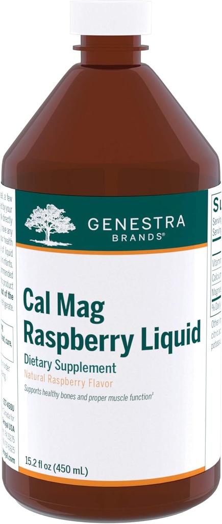 Genestraブランド Cal Mag Raspberry Liquid | ビタミンDによるカルシウムとマグネシウムのクエン酸塩式 | 15.2 fl. oz.