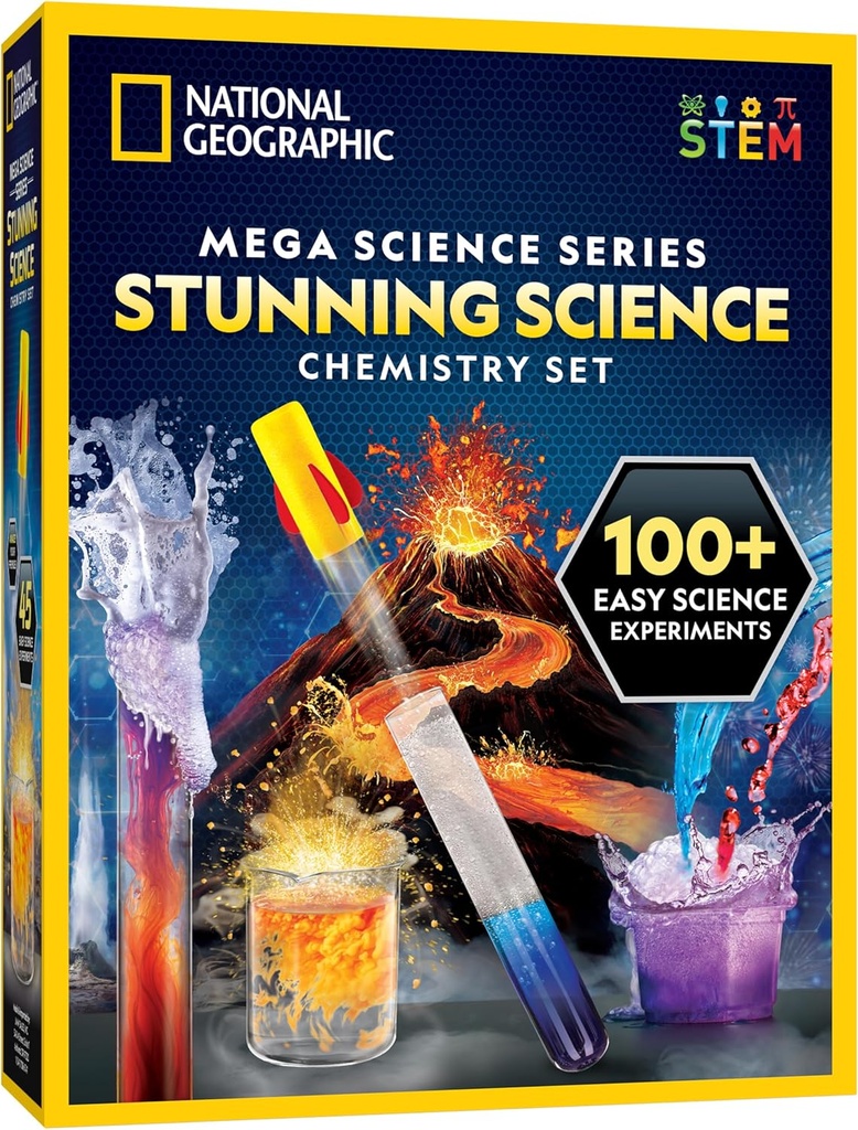 National Geographic Stunning Chemistry Set - Mega Science Kit with 45 Easy Experiments- Make a Volcano and Launch a Rocket, STEM Projects for Kids Ages 8-12, Science Toys (Amazon Exclusive)