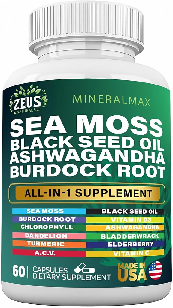 海苔3000mgの黒の種のオイル2000mgのBurdockの根1000mgのBardderwrack 1000mgのTurmeric 1000mgのAshwagandha 1000mg - Elderberry、VIT C、VIT D3、Manuka、ACV (60の計算)
