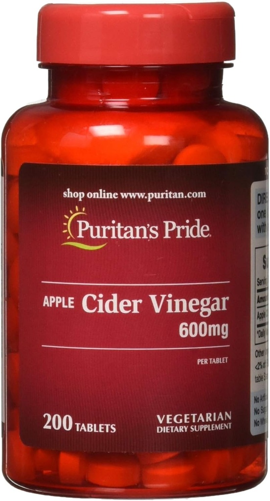 Puritan's Pride Apple Cider Vinegar 600 mg, Vegetarian Dietary Supplement, 6 Month Supply, 200 Tablets (Packing May Vary)