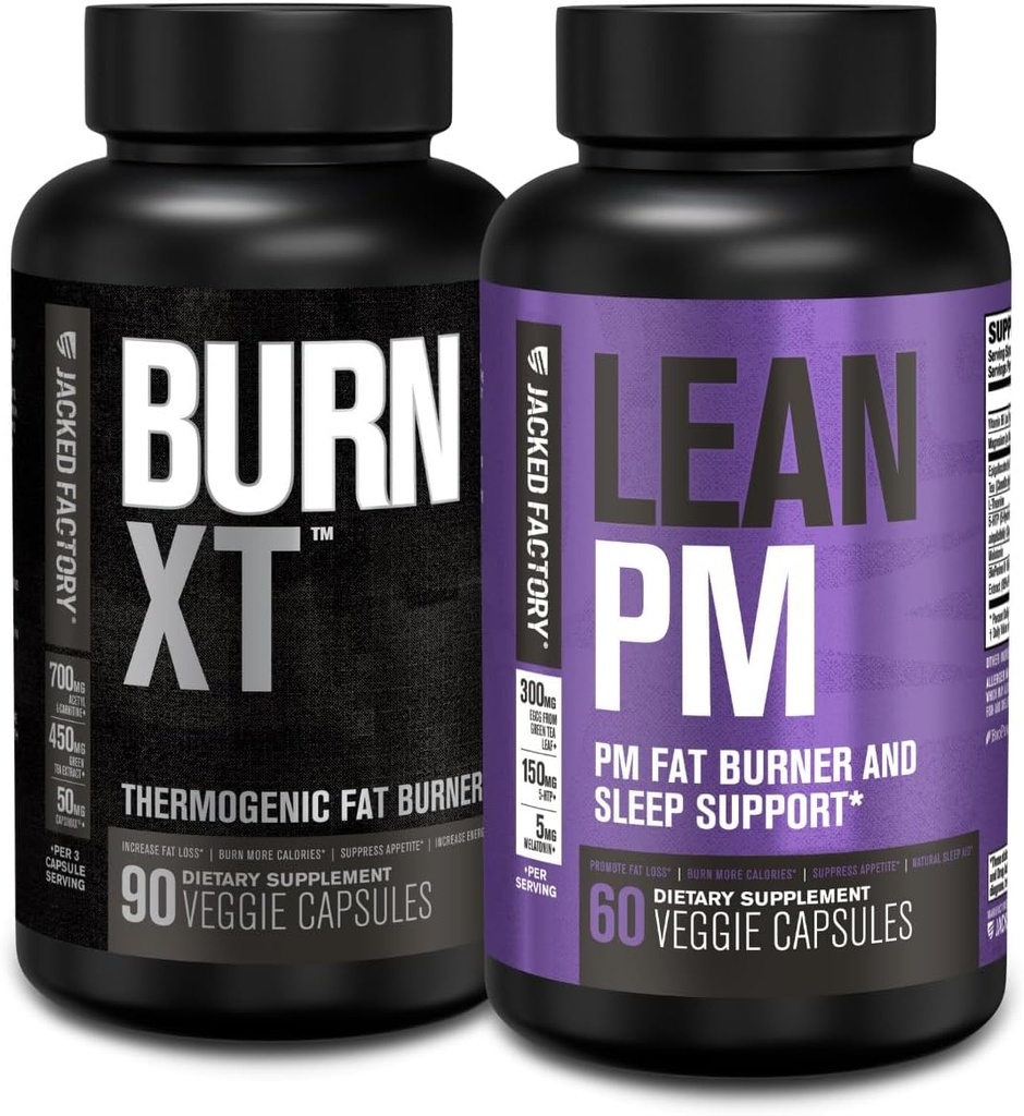 Jacked Factory Burn XT Thermogenic Fat Burner - Appetite Suppressant & Nootropic Energy Booster (90 Capsules) & Lean PM Weight Loss Supplement, Sleep Support | (60 Capsules)