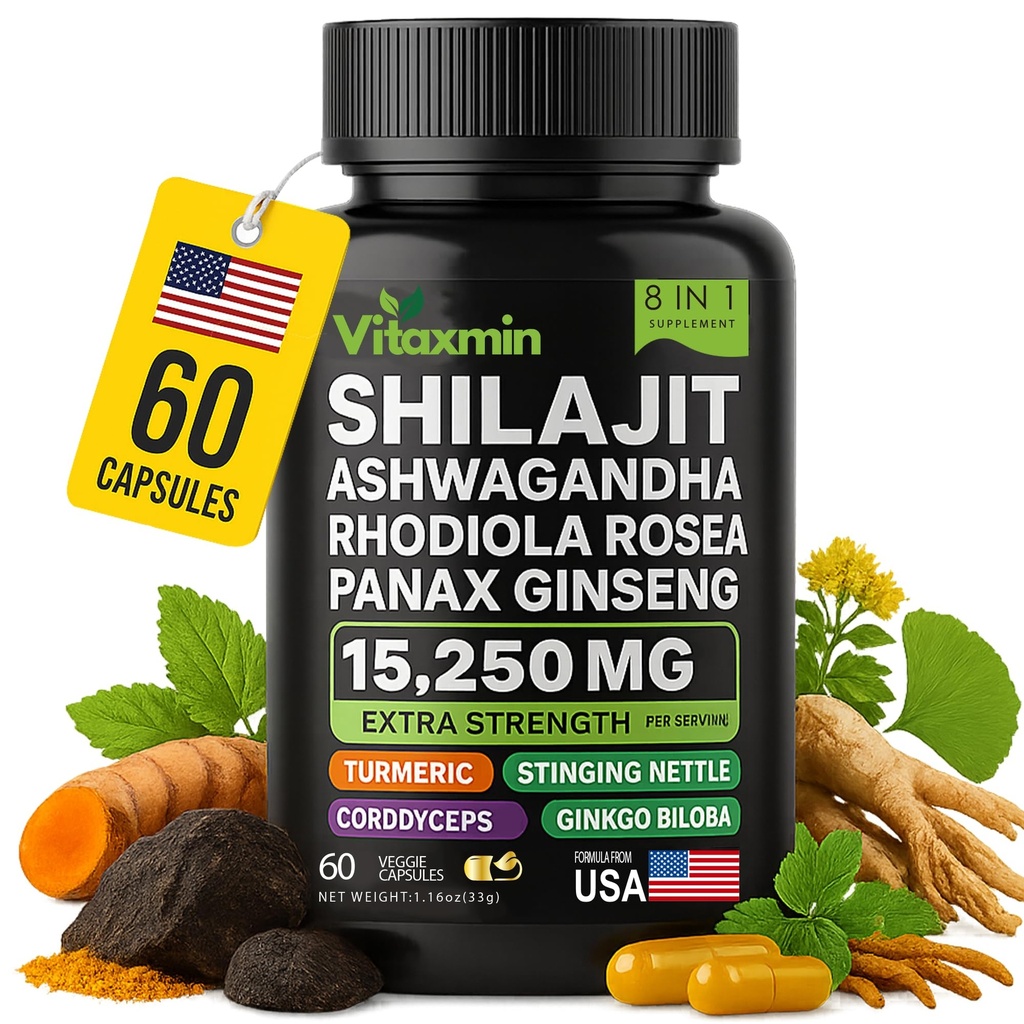ShilajitとAshwagandhaカプセル、男性と女性のための8イン1ハーブマルチビタミン、Rhodiola Rosea、Ginseng、およびStinging Nettle、男性と女性のためのシラジット