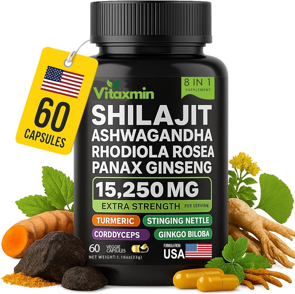 ShilajitとAshwagandhaカプセル、男性と女性のための8イン1ハーブマルチビタミン、Rhodiola Rosea、Ginseng、およびStinging Nettle、男性と女性のためのシラジット