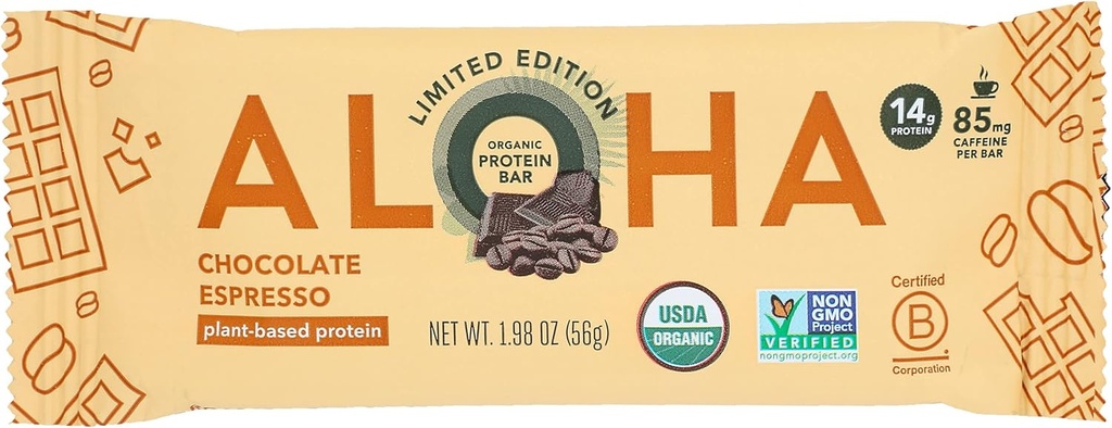 Alohaの有機性チョコレートエスプレッソの蛋白質棒、14g植物ベースの蛋白質、85mgカフェイン、USDAによって証明される有機性、グルテンフリー及び非GMOの1.98 Oz (12のパック)