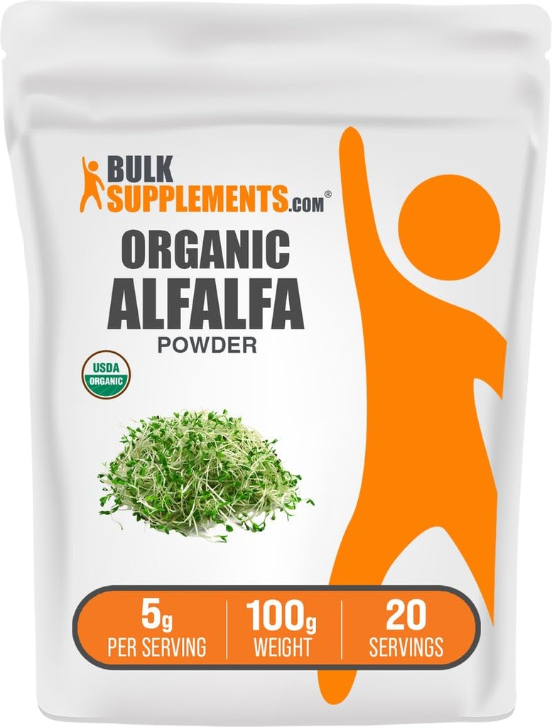 BulkSupplements.comオーガニックアルファグラスパウダー - Alfalfaサプリメント、グリーンスーパーフードパウダー - ビーガン&グルテンフリー、サービングあたり5g、100g(3.5オンス)(パック1)