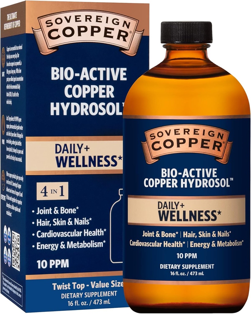 Sovereign Bio-Active Copper Hydrosol - Bioavailable Colloidal Copper Liquid Supplement for Adults and Kids with Silver Hydrosol for Immune Support, Hair, Skin, and Nails - 16 fl oz (473mL)