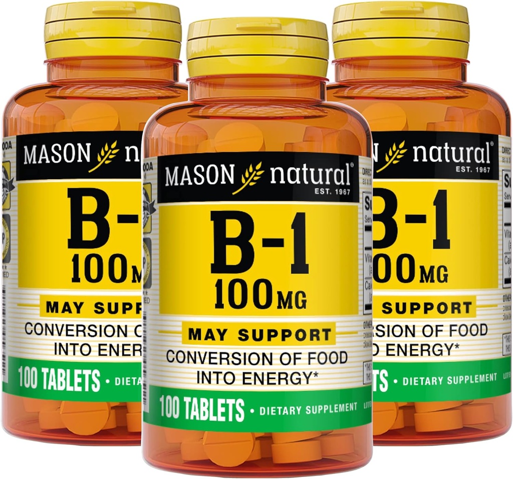 メイソンナチュラルビタミンB1(チアミン)100mg、エネルギーへの食品の健康的な変換、Nerveと免疫の健康、100錠(パック3)