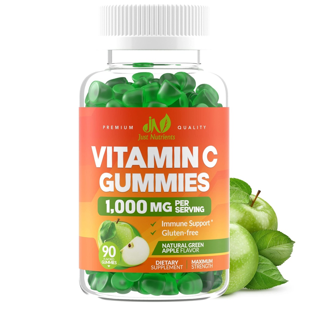 大人のためのビタミンCグミー1000mg - 最大強度の咀嚼可能な免疫サポート、コラーゲンサポート - サワーグリーンアップルフレーバー - グルテンフリー、非GMO、ベジタリアン - 90グミー(30のサービング)
