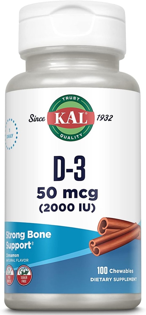 KALのビタミンD3のChewables 50のmcgのCholecalciferol、砂糖の自由な、自然なシナモンの味D3のビタミン、免疫サポート及び骨の健康、100のサービング、100のChewables