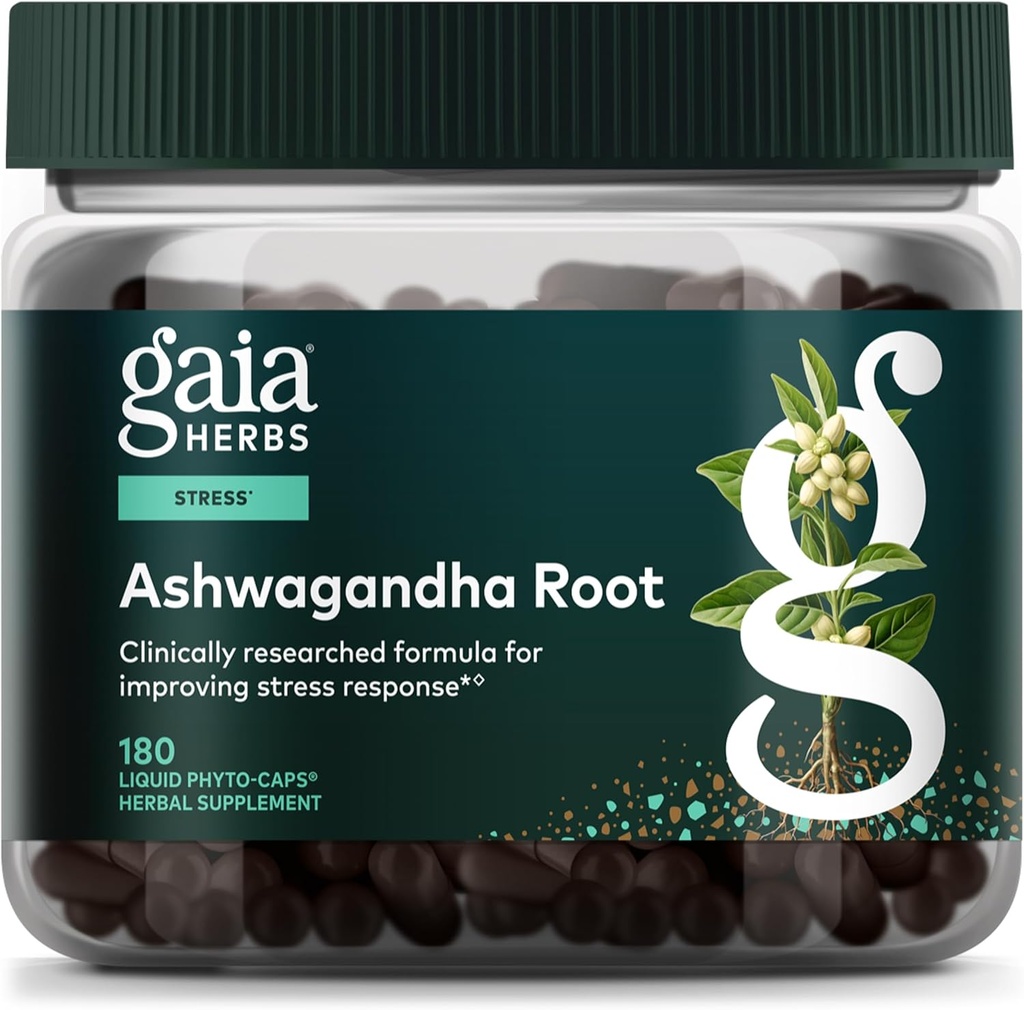 Gaia Herbs Ashwagandha Root - Stress Relief & Sleep Support Supplement - Supports Balanced Energy Levels & Positive Outlook* - 180 Vegan Liquid Phyto Capsules (90-Day Supply)