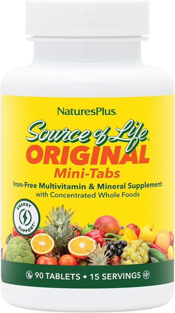Natures Plus Source of Life Mini-Tabs No Iron - 90 Vegetarian Mini Tablets - Easy to Swallow Natural Whole Food Multivitamin & Mineral Supplement for Health & Energy - 15 Servings