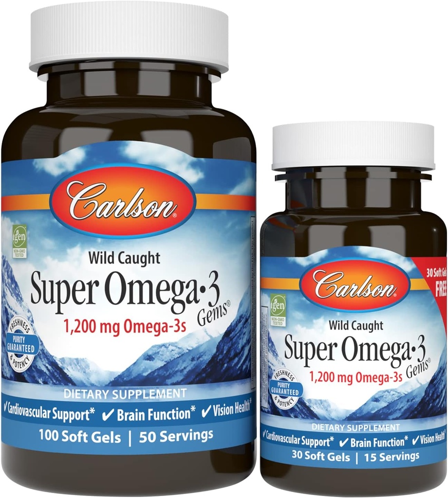 カールソン - スーパーオメガ-3 宝石, 1200 mg Omega-3 脂肪酸 EPA と DHA, ワイルドキャッチ ノルウェーの魚油オメガ 3 サプリメント, 持続的に供給オメガ 3 魚油, 100 + 30 Softgels