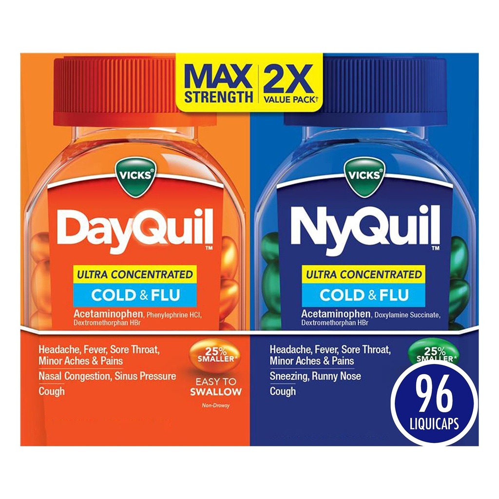 Vicks DayQuil&NyQuil Ultra濃縮リキキャップコパック、コールド&インフルエンザ医薬品、頭痛、フィーバー、痛み、痛み、および咳、96ctの強力なマルチ症状と夜間の救済