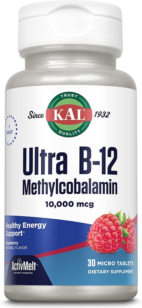 KALの超B12のMethylcobalaminの10,000mcgの健康なエネルギー、Metabolism、Nerve、赤い血球サポートのための高い効力のビタミンB-12、*自然なラズベリーの味、ベジタリアン、30マイクロ タブレット、30のサービング