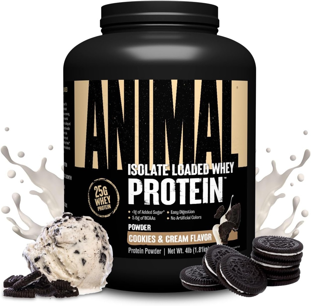 Animal Whey Isolate Protein Powder - Loaded for Pre & Post Workout Muscle Builder and Recovery with Digestive Enzymes for Men & Women - 25g Protein, Great Taste, Low Sugar - Cookies & Cream 4 lbs