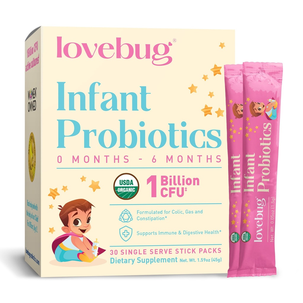 LOVEBUGインファントプロバイオティクス0-6ヶ月 - 赤ちゃんのためのUSDAオーガニックプロバイオティクス、ベビーガス、疝痛、Diarrhea、新生児便秘救済、アレルゲン&砂糖無料、味のないパウダー、30パックをサポート