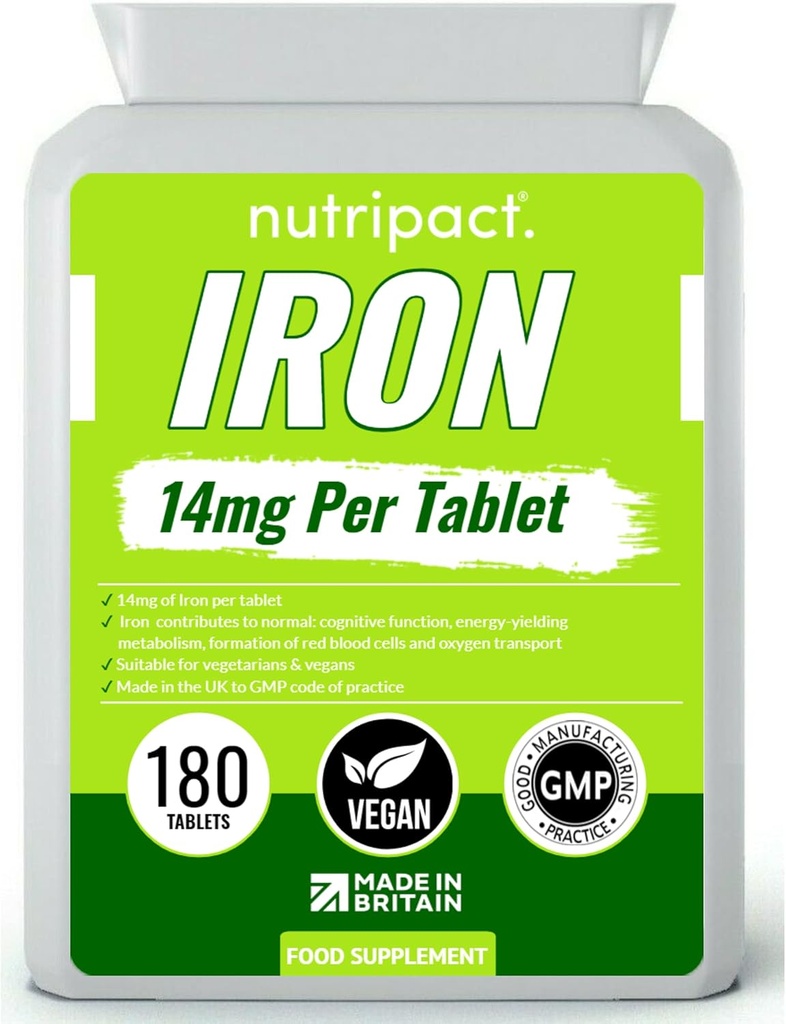 鉄のタブレット14mg - 1日式を飲みやすく - 疲労を軽減&疲労、エネルギーブースター、免疫システムをサポート、赤血球の形成 - 6ヶ月の供給 - 180ビーガンサプリメント
