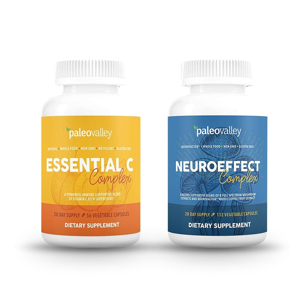 Paleovalley NeuroEffect + エッセンシャルCコンプレックスバンドル - 神経マッシュルームコーヒーエキス、ビタミンCサプリメント450gフォーカス、メモリ、エネルギー、免疫サポート、有機スーパーフード