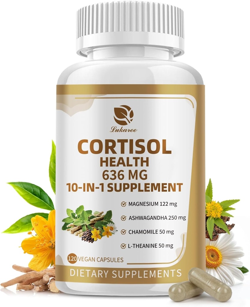 10-in-1 Cortisol Supplements with Magnesium, Ashwagandha, Chamomile, L-Theanine, Phosphatidylserine, St. John's Wort, Astragalus, Vitamin C & D3, for Women Men, 120 Vegan Capsules for 2 Month, Non-GMO