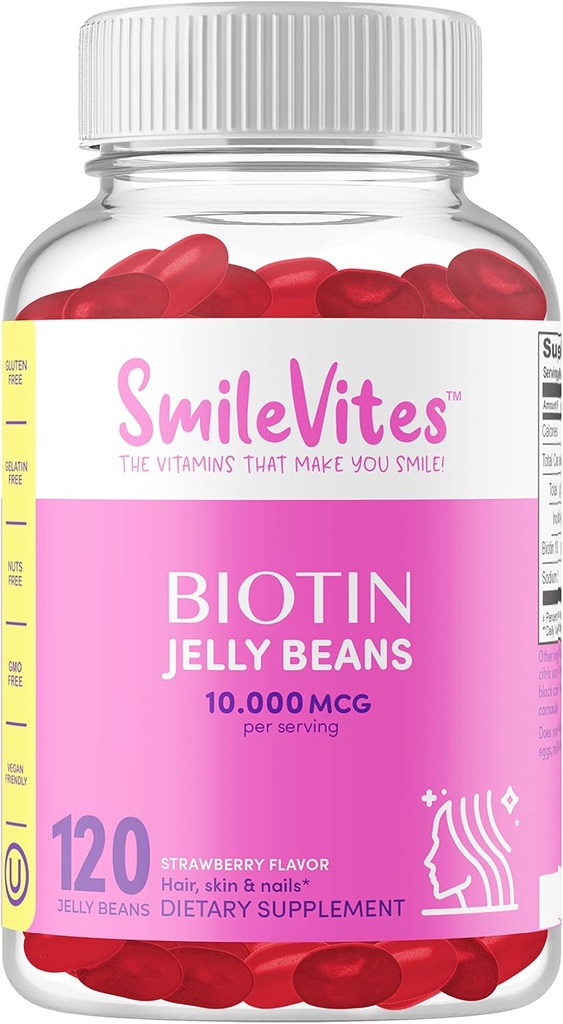 Heartland Pharma Biotin 10,000 MGC Jelly Beans | Hair, Skin & Nails Support | Vegan, Gluten-Free, Non-GMO & Kosher Friendly | Strawberry Flavor | 120 Count