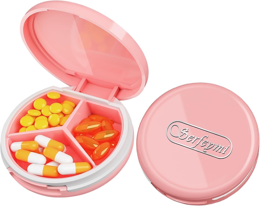 Serfeymiの小さい丸薬箱-Purseのポケット、密集した小型旅行丸薬の場合のための3 Compartmentsの携帯用丸薬箱-薬、ビタミン、魚油、補足-ピンク(ロゴ)のために適した