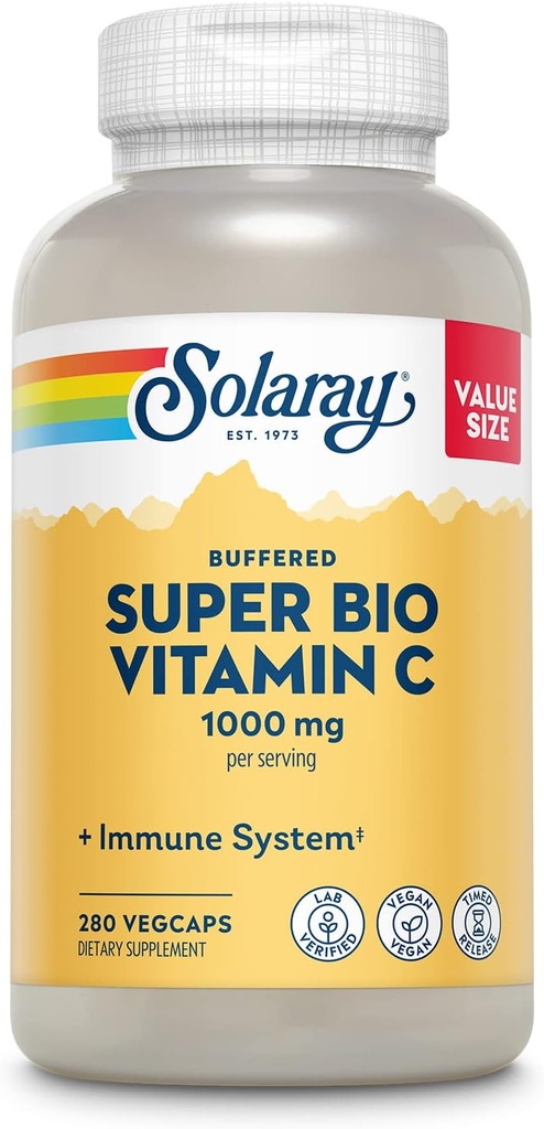 Solarayスーパーバイオ緩衝ビタミンC 1000mg、2ステージ、BioflavonoidでビタミンCをタイムリーリリース、免疫サポートサプリメント - 高吸収、ビーガン、60日保証、180サービング、360ベジキャップ140