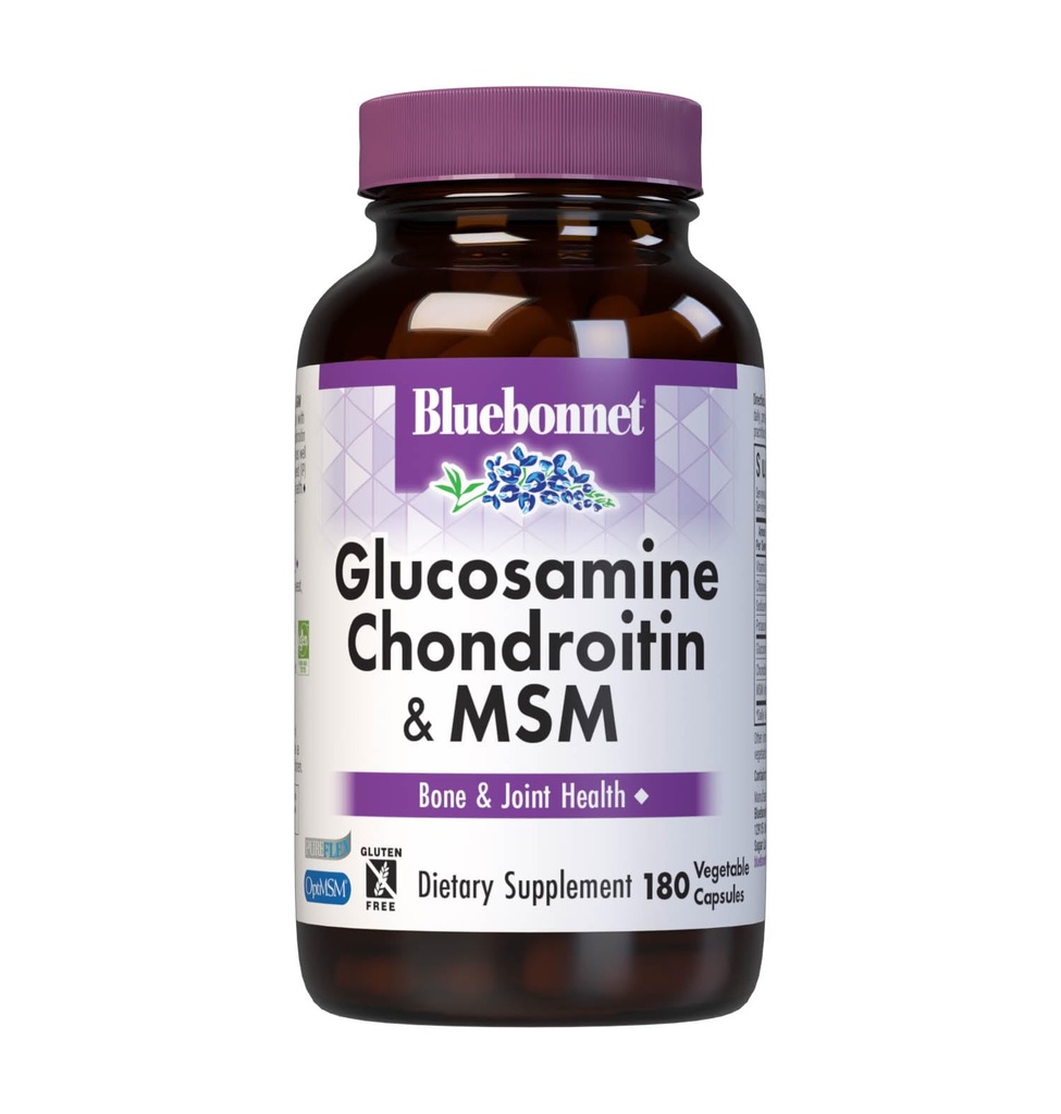 Bluebonnet栄養グルコサミンコンドロイチンプラスMSM、グルコサミン、コンドロイチン硫酸塩、ビタミンC&OptiMSM、骨&関節の健康、非GMO、グルテンフリー、豆乳無料、180野菜カプセル