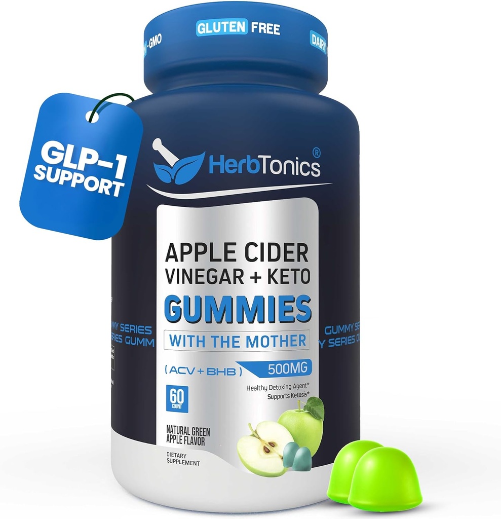 Herbtonics Keto Apple Cider Vinegar Gummies | 消化とデトックス | GLP-1 サポート | ケトサポートのための砂糖無料BHBアドバンストフォーミュラ - 母親と未加工ACV - 60ビーガンACVグミー
