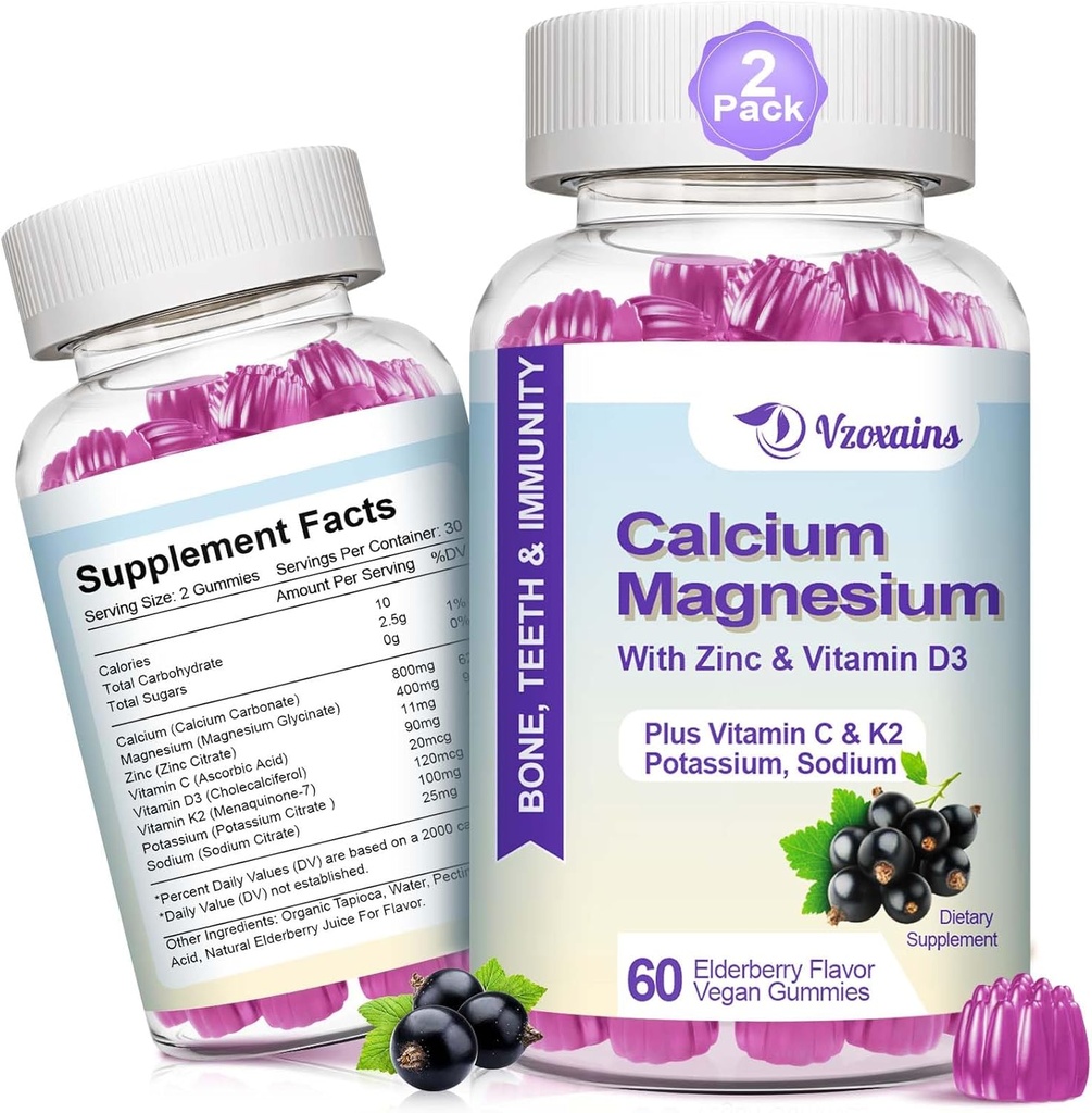 High Absorption Calcium Gummies, Sugar Free Calcium Magnesium Supplement with Potassium Vitamin D3 for B0ne & Teeth Strength, Muscle Function - Vegan, Elderberry Flavor 120 Cts
