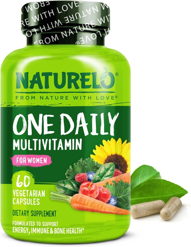 NATURELOは女性w/ビタミンB12、60のCt、エネルギー サポート、全食糧毎日の女性のMultivitaminの補足、栄養物の毛/皮の釘、非GMO、大豆、グルテンフリー、2か月の供給のための1つの毎日のMultivitamin