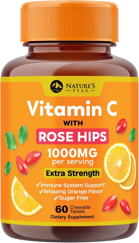 Vitamin C 1000mg Chewable Supplement - Extra Strength Immune Support Vitamin C Dietary Supplement with Rose HIPS, Nature's VitaminC Antioxidant Support, Natural, Vegan, Orange Flavor - 60 Tablets