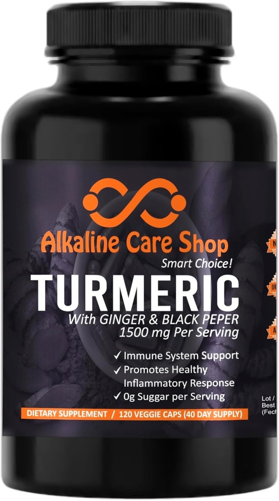 アルカリンケア | 有機ターメリック・ジンジャー・ブラックペッパー配合のカークミンサプリメント 1500mg   ノンGMO | ジョイント&ヘルシーインフルエンザ対応(120ベジギーカプセル)