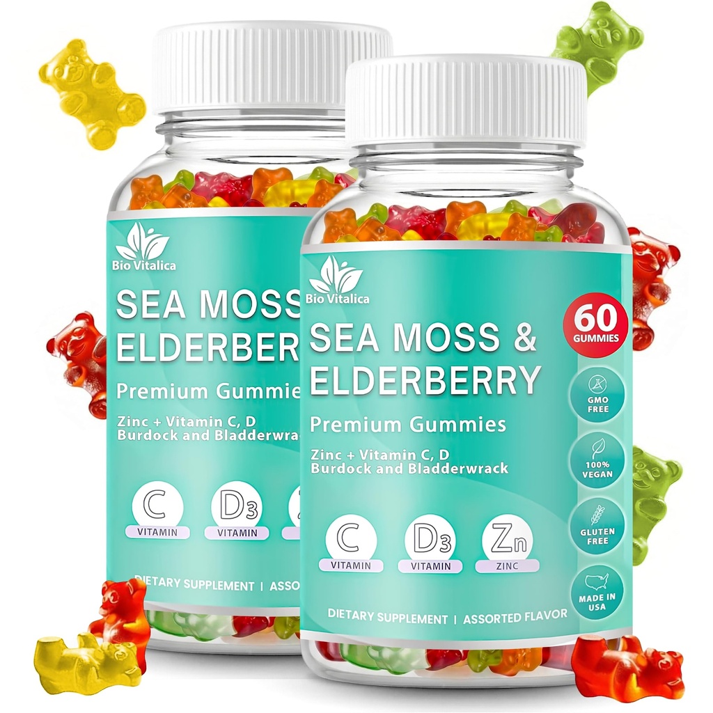 BIO VITALICA海苔ガミーズ エルダーベリーバイオビタリカ - ビタミンC D +亜鉛 - アイルランドの海苔ビーガンガミー 免疫のためのゲル&パウダー、デトックス - 大人と子供(2パック)