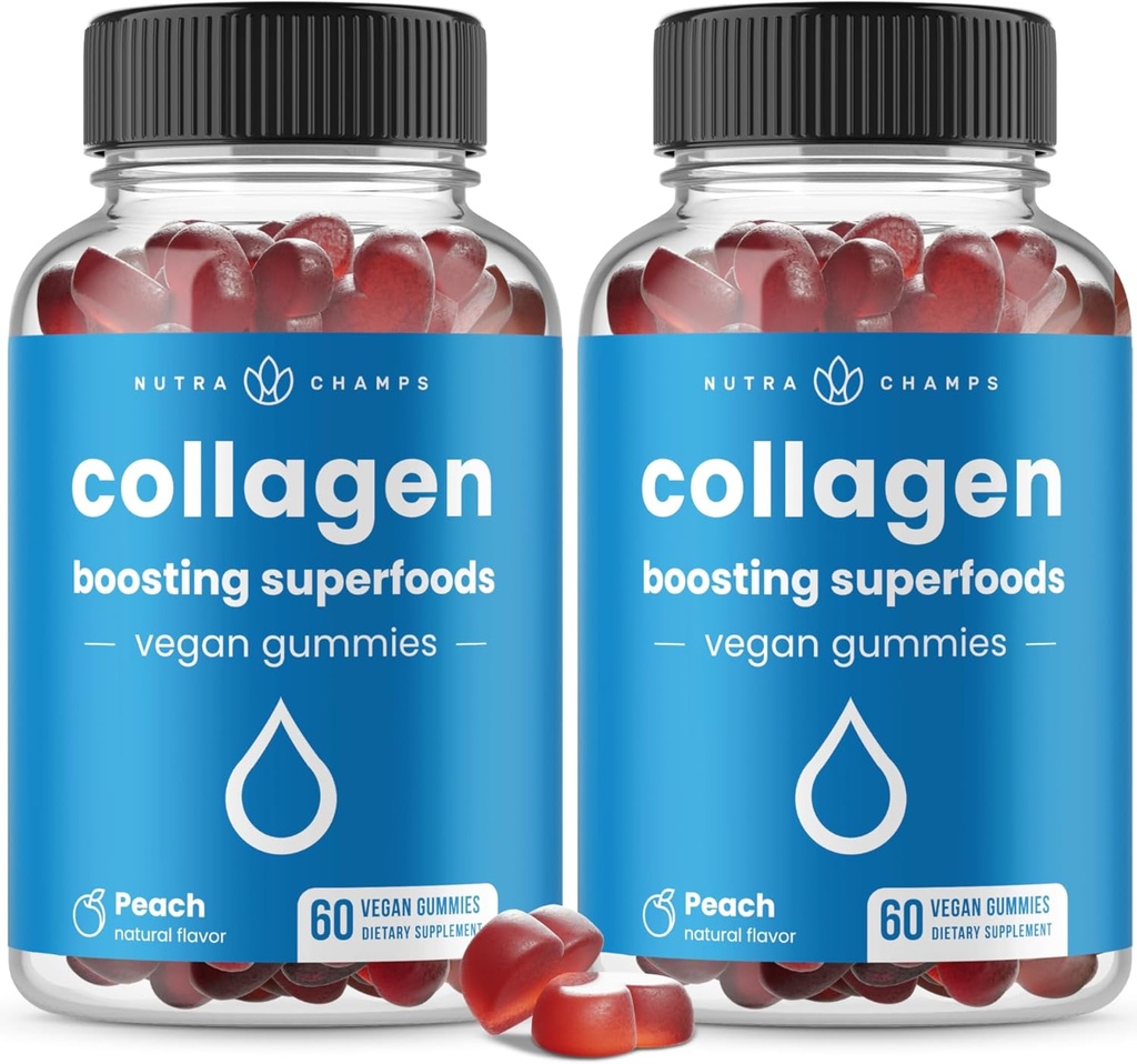NutraChamps Collagen Boosting Gummies、Collaagen Booster Gummy for Natural Collagen Production、Vegewel Pectin Supplements Chews for Women & Men、60 Peach Gummies(パッケージ2)