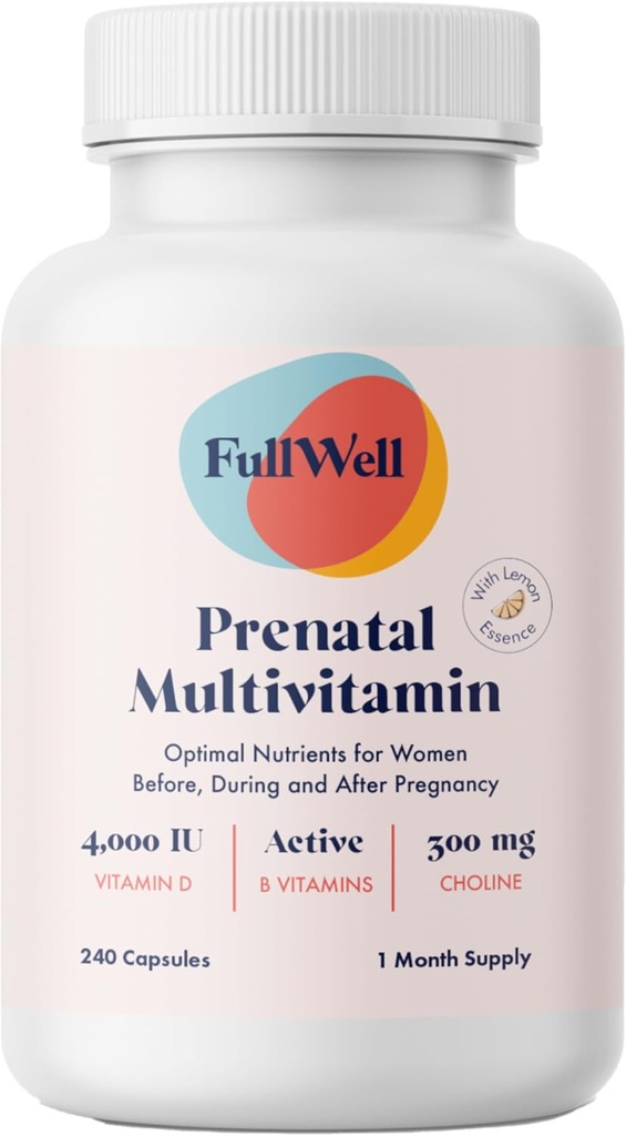 FullWell Prenatal Vitamins レモン | choline, folate, 胎児の成長のためのビタミンD | 26 胎児栄養素 | 食道成分配合、OBGYN 推奨、非GMO、3rd Party 試験、30 サービング