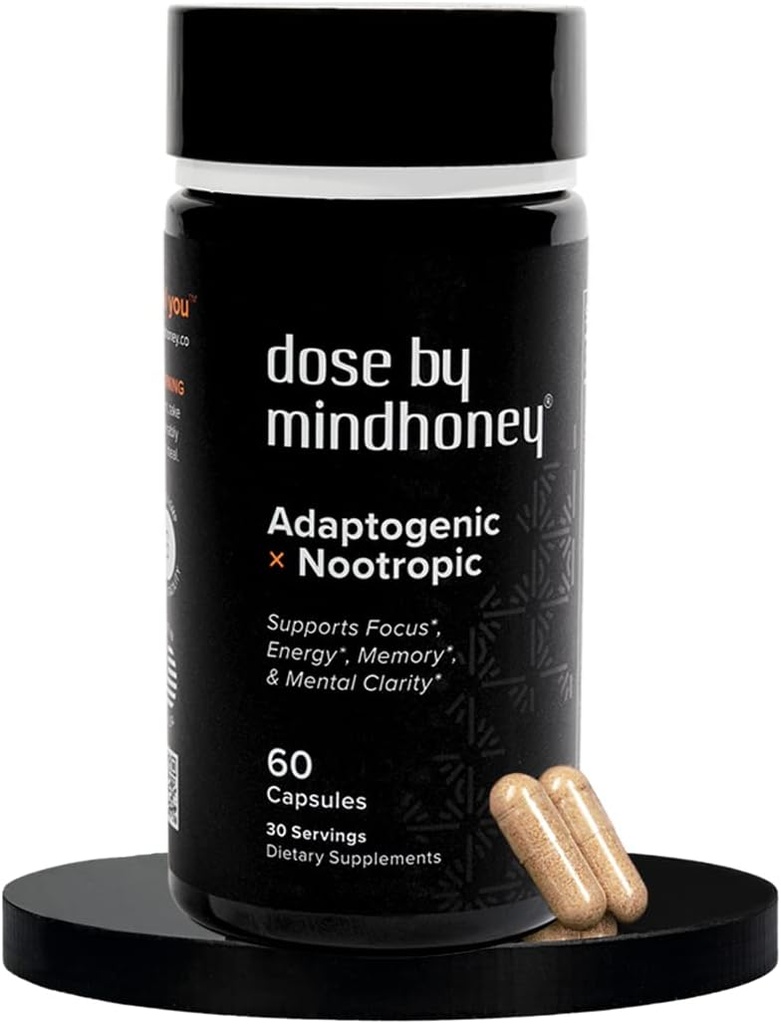MINDHONEY | DOSE 60 カウント、プレミアムオールインワン向知性脳サプリメント | フォーカス、気分、エネルギー、記憶 | 機能的なキノコ&適応剤 - ライオンズ・マネ、アシュワガンダ、L-テアニン、バコパ、ビタミン