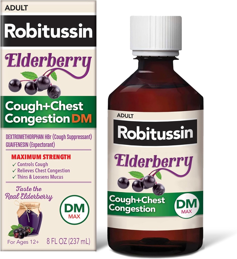Robitussinの最高の強さのElderberryの咳プラスの箱の混雑DM、大人のための咳の抑制剤、液体の咳および箱の混雑の救助を提供して下さい- 8 Fl Oz