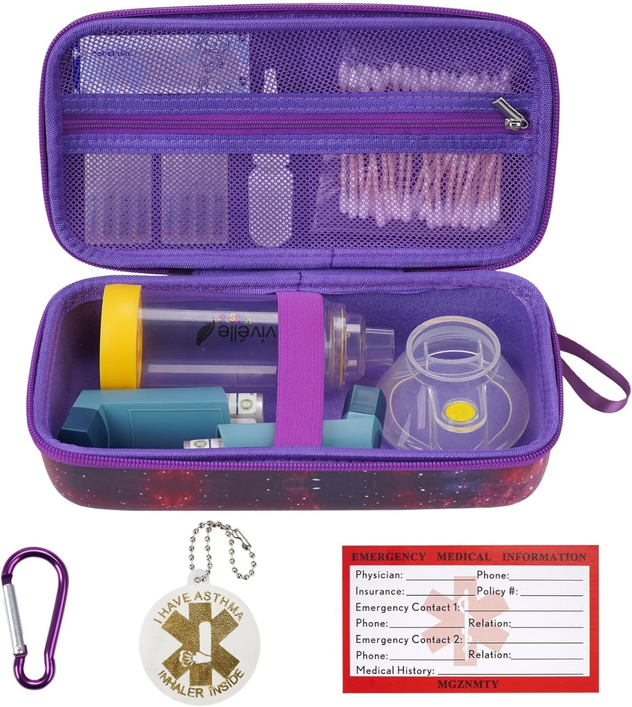 MGZNMTY Travel Carrying Case Compatible with Asthma Inhaler Spacer for Adults and Children, Masks, Inhaler Holder with Asthma Alert Tag and Medical Card, Carabiner (Only Case) (Galaxy)