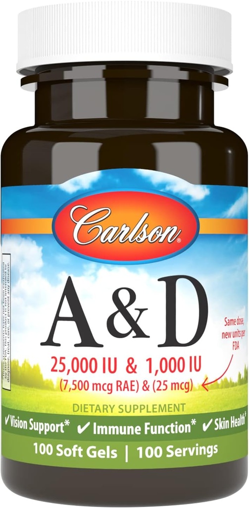 カールソン - A&D、25000 IU(7500 mcg RAE)ビタミンA、1000 IU(25 mcg)ビタミンD、ビジョンサポート、皮膚健康、100 Softgels
