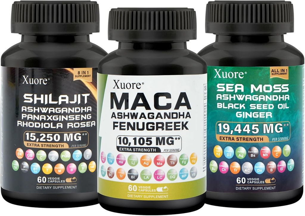 海苔、シラジット、マカ、黒の種子油、アッシュワガンダ、ジンジャー、シラジット、Rhodiola Rosea、Panax Ginseng、マカルート、フェヌグリーク、Trifibranol100X、1サプリメント(1パック)ですべて