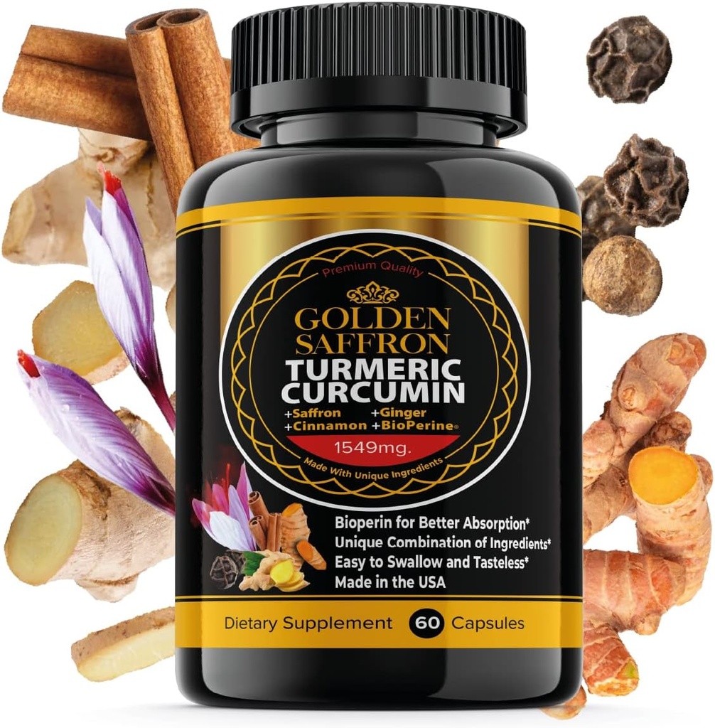 GOLDEN SAFFRON Turmeric Curcumin Supplement with Bioperine, Saffron, Cinnamon, and Ginger - High Potency, Non-GMO, Gluten-Free Supplement for a Better Effectiveness. Made in USA
