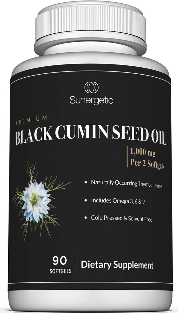 SunergeticプレミアムブラックカミンシードオイルSoftgels - サービングあたりブラックシードオイルの1,000mg - 非GMOコールドプレスニゲラサティバ - Thymoquinoneとオメガ - 90ソフトゲルが含まれています
