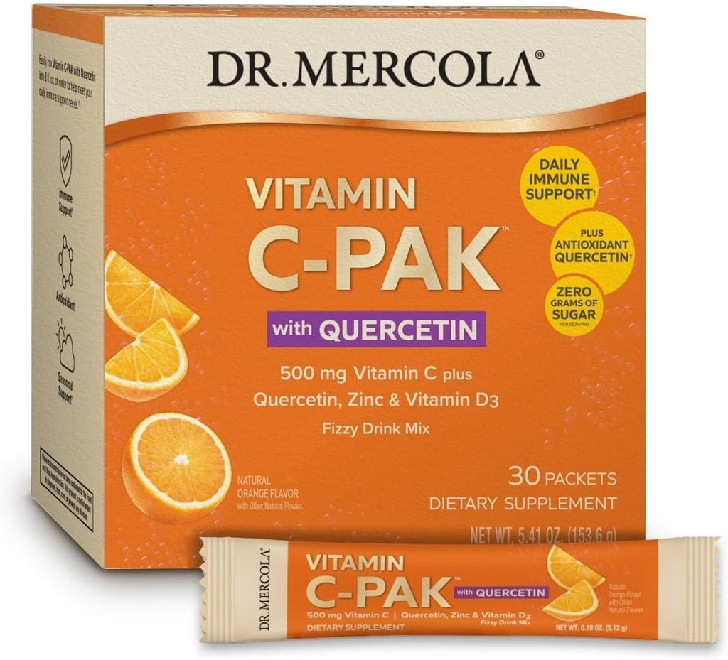 Dr. Mercola Vitamin C-PAK with Quercetin - Daily Immune Support Drink - Zinc & Vitamin D3 Blend - Gluten-Free - Effervescent Orange Flavor - 30 Packets
